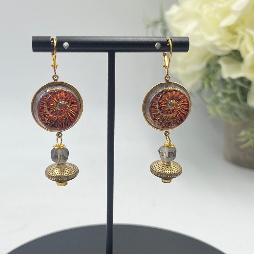 Lenora Dame Designer Sunset Red Czech Glass‎ Ammonite Dangle Earrings